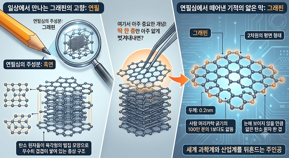흑연(연필심) 구조
벌집 모양 탄소 원자 구조
그래핀 얇은 막 (나노 스케일)